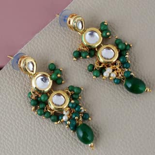 Lucky Jewellery Traditional Back Meenkari Gold Plated uncut kundan Green Earrings (193-J5EK-1810-G)