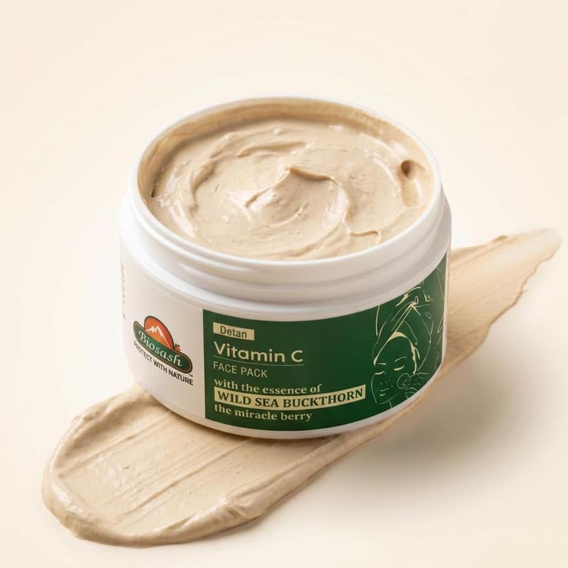 Biosash Vitamin C Face Pack (Detan) 50g | Natural Exfoliating Facial Clay with Sea Buckthorn Berry | Rich in Omega 3 6 7 9 for Skin Glow, Acne Care, Hydrating Organic Face Pack for All Skin Types