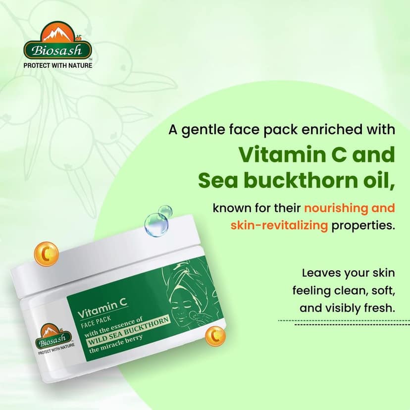 Biosash Vitamin C Face Pack (Detan) 50g | Natural Exfoliating Facial Clay with Sea Buckthorn Berry | Rich in Omega 3 6 7 9 for Skin Glow, Acne Care, Hydrating Organic Face Pack for All Skin Types view 3