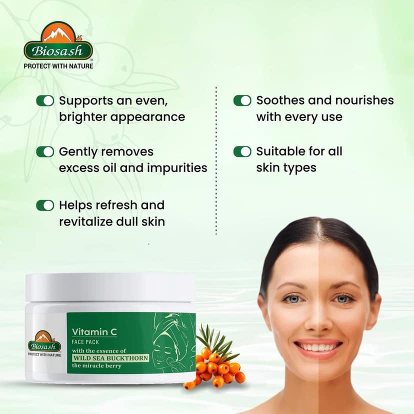 Biosash Vitamin C Face Pack (Detan) 50g | Natural Exfoliating Facial Clay with Sea Buckthorn Berry | Rich in Omega 3 6 7 9 for Skin Glow, Acne Care, Hydrating Organic Face Pack for All Skin Types view 4