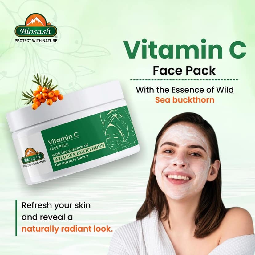Biosash Vitamin C Face Pack (Detan) 50g | Natural Exfoliating Facial Clay with Sea Buckthorn Berry | Rich in Omega 3 6 7 9 for Skin Glow, Acne Care, Hydrating Organic Face Pack for All Skin Types view 5