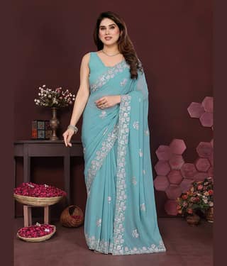 VEDANT VASTRAM Georgette Embroidered Regular Saree With Unstitched Blouse Piece ( Turquoise )