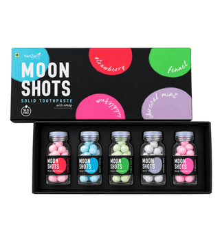 Moonshots Mini | 5 Flavour Box | Solid Toothpaste | Toothpaste Tablets | 5% nHAp | Fluoride & SLS Free | No Preservatives | with Xylitol & Oral Probiotics | Travel-Friendly