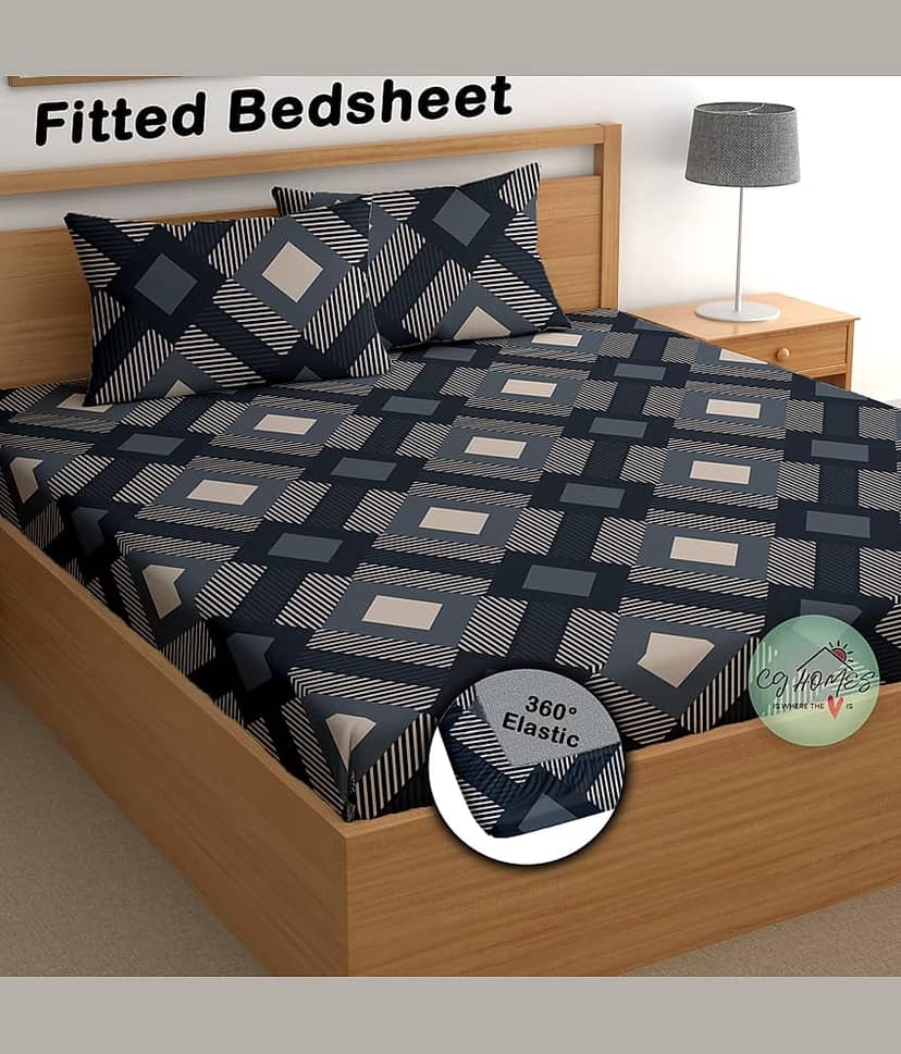 CG HOMES Cotton 1 Double Fitted Bedsheet with 2 Pillow Covers ( 183 cm x 183 cm ) , Dark Blue