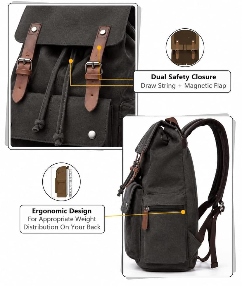 Turtle Trek Canvas Backpack with Laptop Compartment & Multiple Pockets Vegan Leather Rucksack for College, Office, Travel, Hiking & Daily Use, Daypack for Men & Women view 2