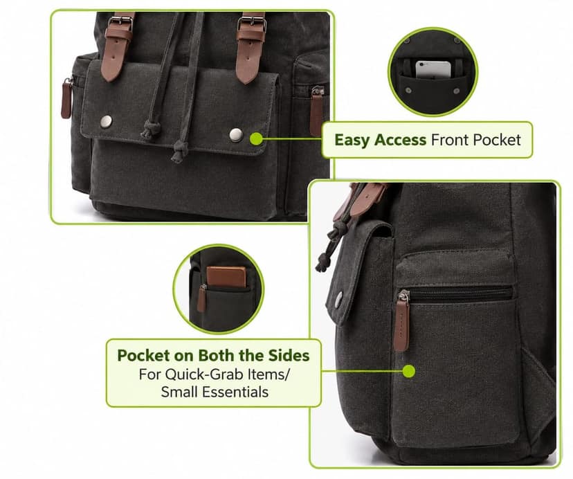 Turtle Trek Canvas Backpack with Laptop Compartment & Multiple Pockets Vegan Leather Rucksack for College, Office, Travel, Hiking & Daily Use, Daypack for Men & Women view 3