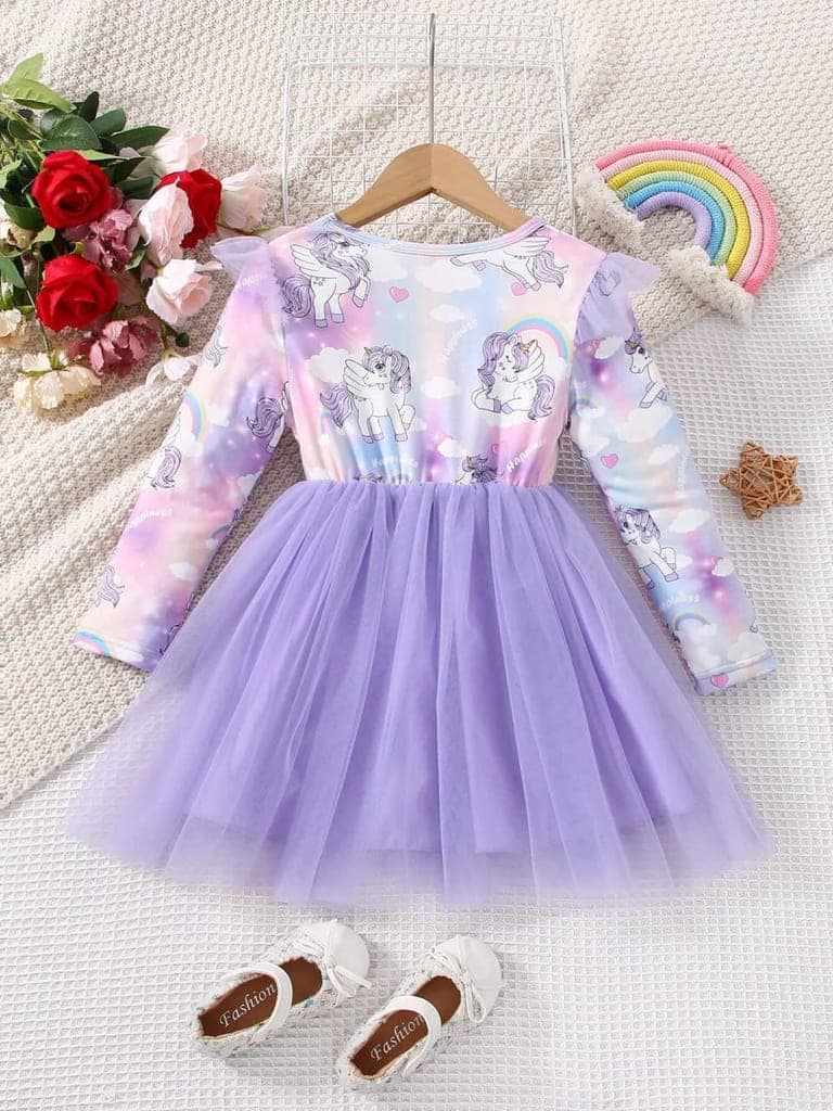 Buy & Try Girl's Modal Unicorn Printed Frock Short Knee Length Long Sleeve Frocks Dress.