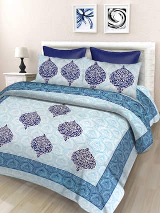 Lali Prints Jaipuri Blue Ethnic Motifs Cotton 130 TC Queen Bedsheet 2 Pillow Covers