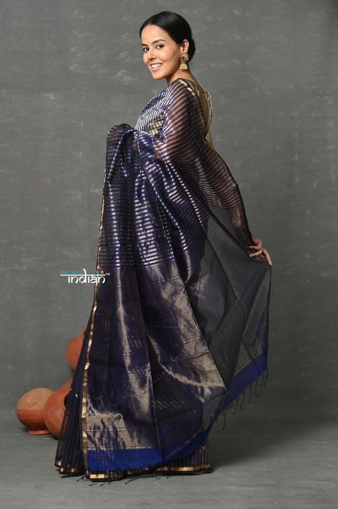 Tyohaar ~ Handloom Pure Cotton Silk Saree With Trendy Golden Stripes - Indigo Blue view 2