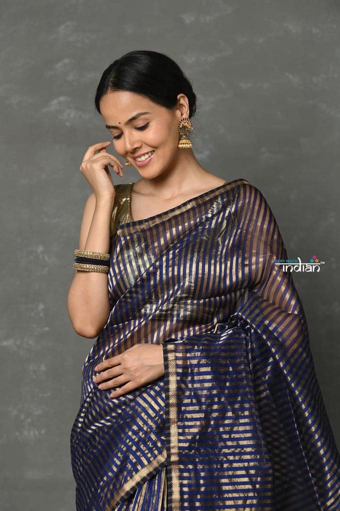 Tyohaar ~ Handloom Pure Cotton Silk Saree With Trendy Golden Stripes - Indigo Blue view 4