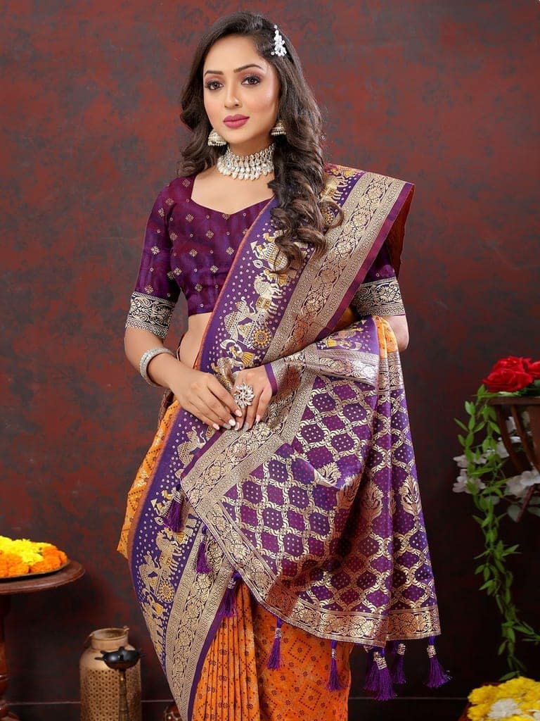 Orange & Wine Patola Silk Woven Design Meenakari Weaving Saree view 2