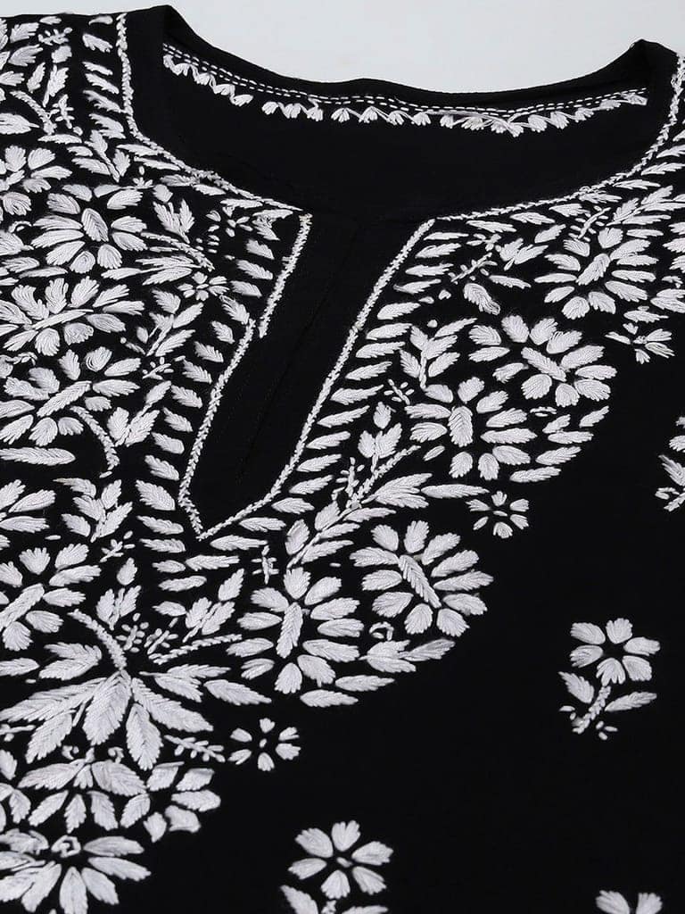 Rayon Chikankari Solid Women's Long Kurta - Black view 2