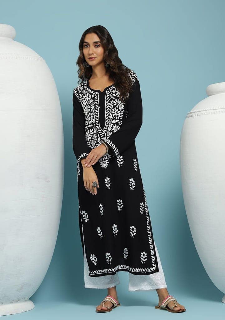 Rayon Chikankari Solid Women's Long Kurta - Black view 6