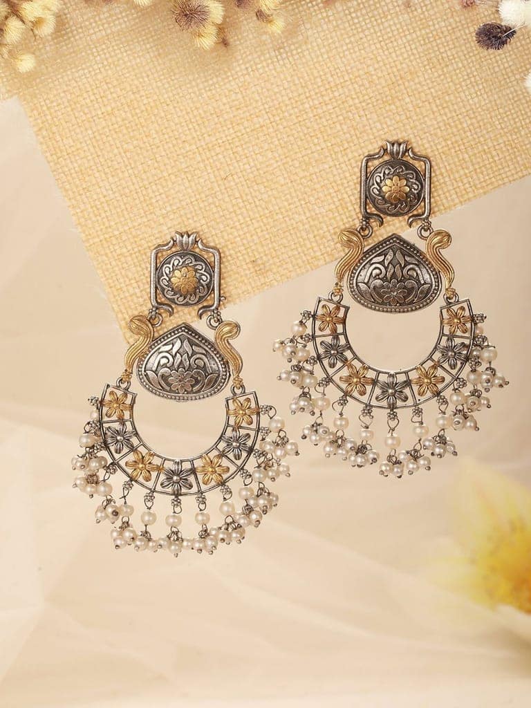 Silver Oxidised Dual Toned Pearl Beaded Floral Filigree Statement Chandbali Earrings view 2