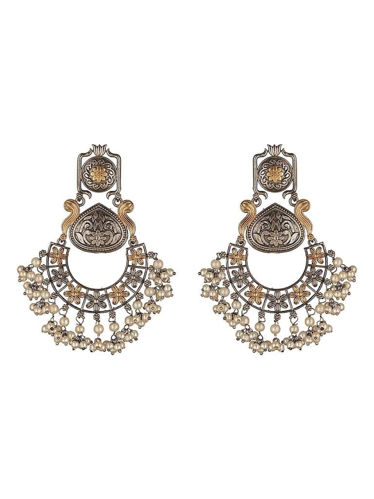 Silver Oxidised Dual Toned Pearl Beaded Floral Filigree Statement Chandbali Earrings view 5