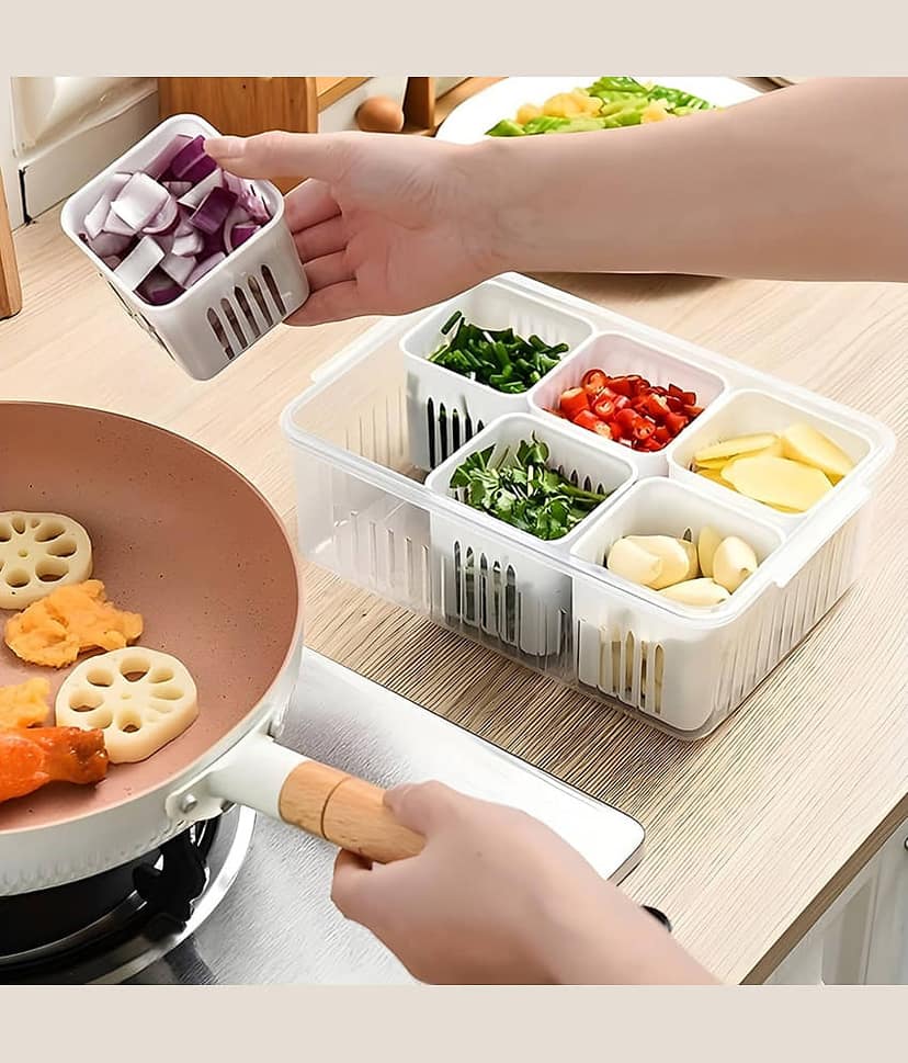 GEEO 6 Grid Fridge Plastic White Multi-Purpose Container ( Set of 1 )