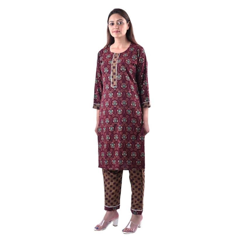 Women's Rayon Cotton Mix Fabric Block Printing and Zari Work Kurti Pant Set Color Maroon view 4