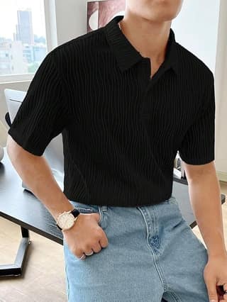 Men's Casual Pleated Polo Shirt - Black