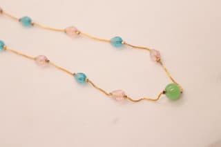 Gold Filled Chain Necklace with Aquamarine, Rose Quartz, and Green Jade Beads
