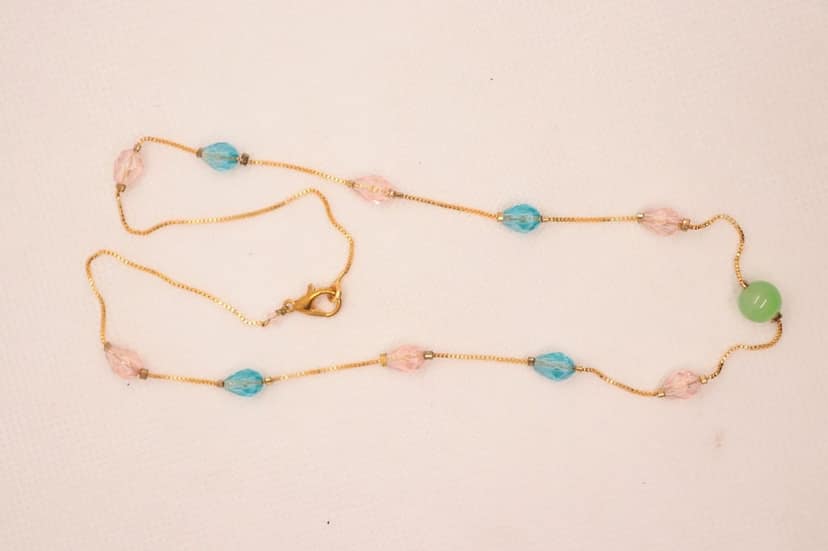 Gold Filled Chain Necklace with Aquamarine, Rose Quartz, and Green Jade Beads view 2