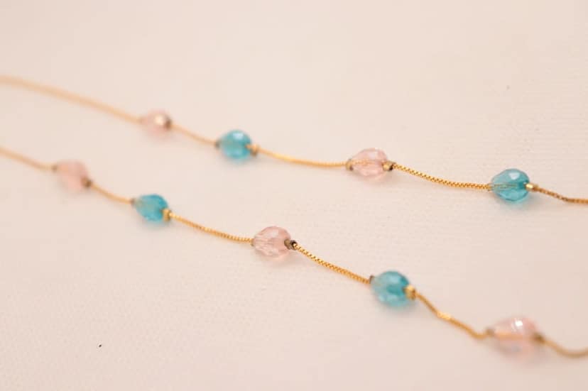Gold Filled Chain Necklace with Aquamarine, Rose Quartz, and Green Jade Beads view 4