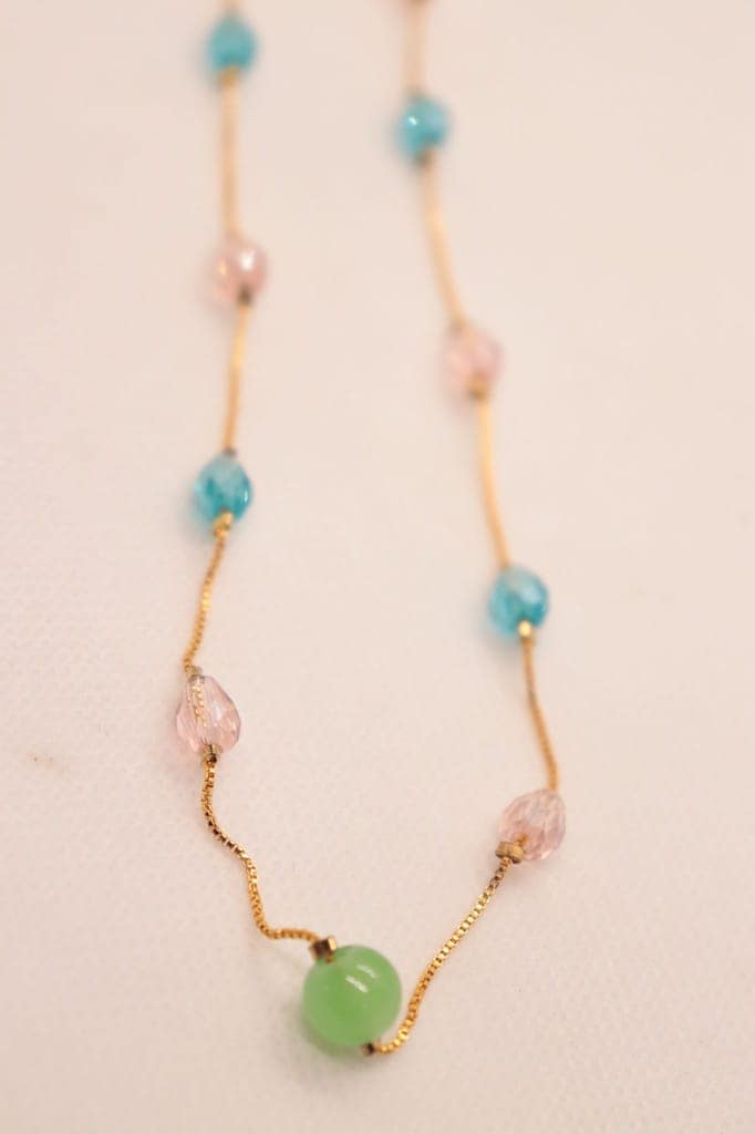 Gold Filled Chain Necklace with Aquamarine, Rose Quartz, and Green Jade Beads view 5