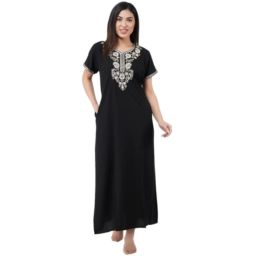 KOI SLEEPWEAR Premium Women White SIX Flower Embroidery Night Gown Lizzybizzy Cotton Nighty Maxi