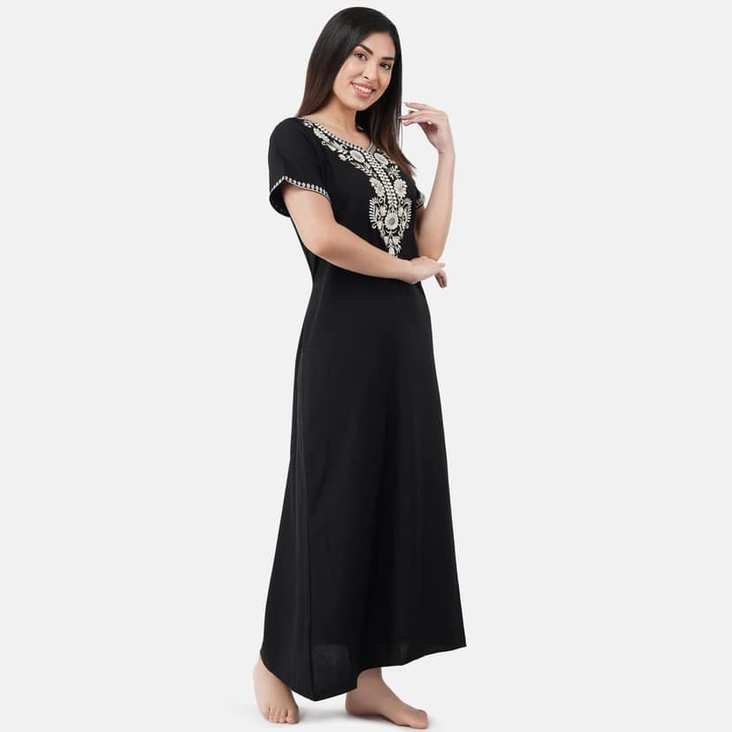 KOI SLEEPWEAR Premium Women White SIX Flower Embroidery Night Gown Lizzybizzy Cotton Nighty Maxi view 4