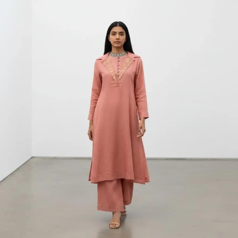 Dusty Rose Handloom Cotton Co-Ord Set with Mirror Work