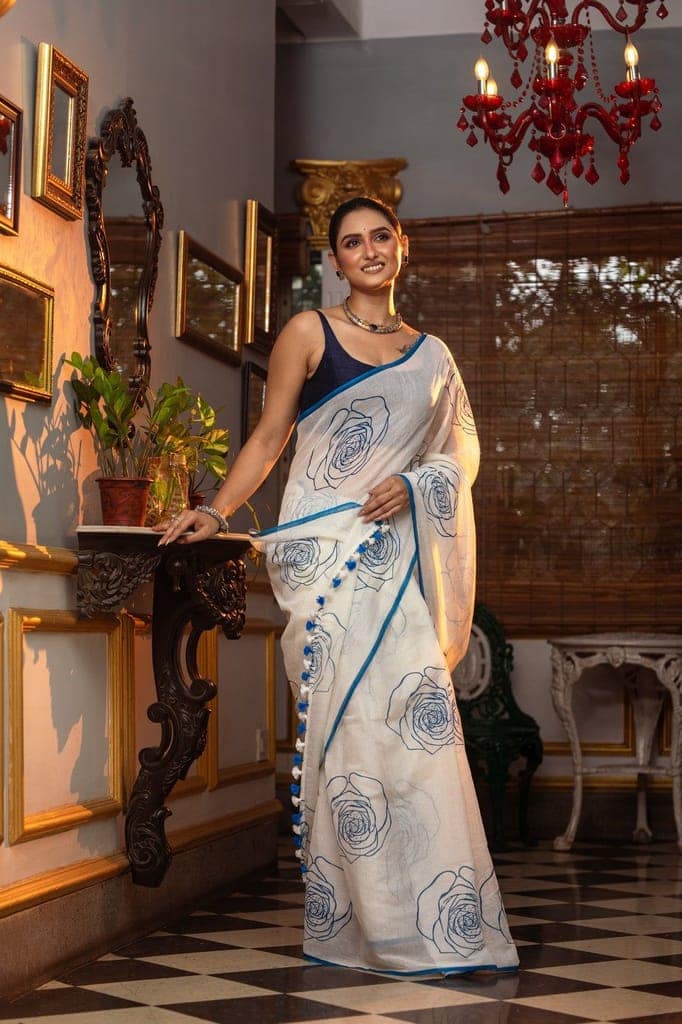 Mastaani ~ Pure Mul Cotton Handloom Saree with Beautiful Rose Prints ~ Blue view 2