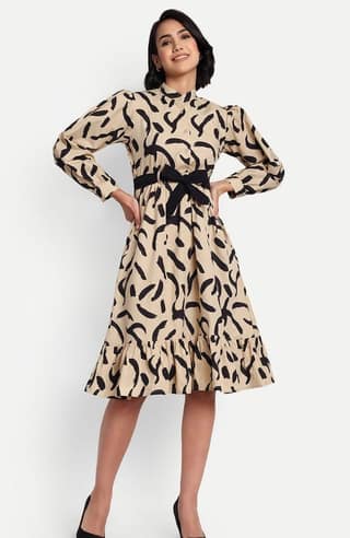 Women's Abstract Print Ruffle Hem Shirt Dress with Belt