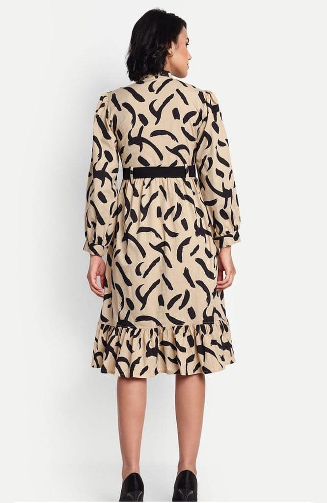 Women's Abstract Print Ruffle Hem Shirt Dress with Belt view 3