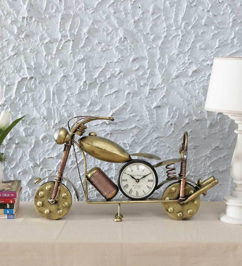 ANTIQUE TABLE TOP METAL GOLDEN BULLET BIKE WITH CLOCK SHOWPIECES HOME/ RESTAURANT/ OFFICE DECOR/ TABLE DECOR/DRAWING ROOM DECOR / GIFT ITEM