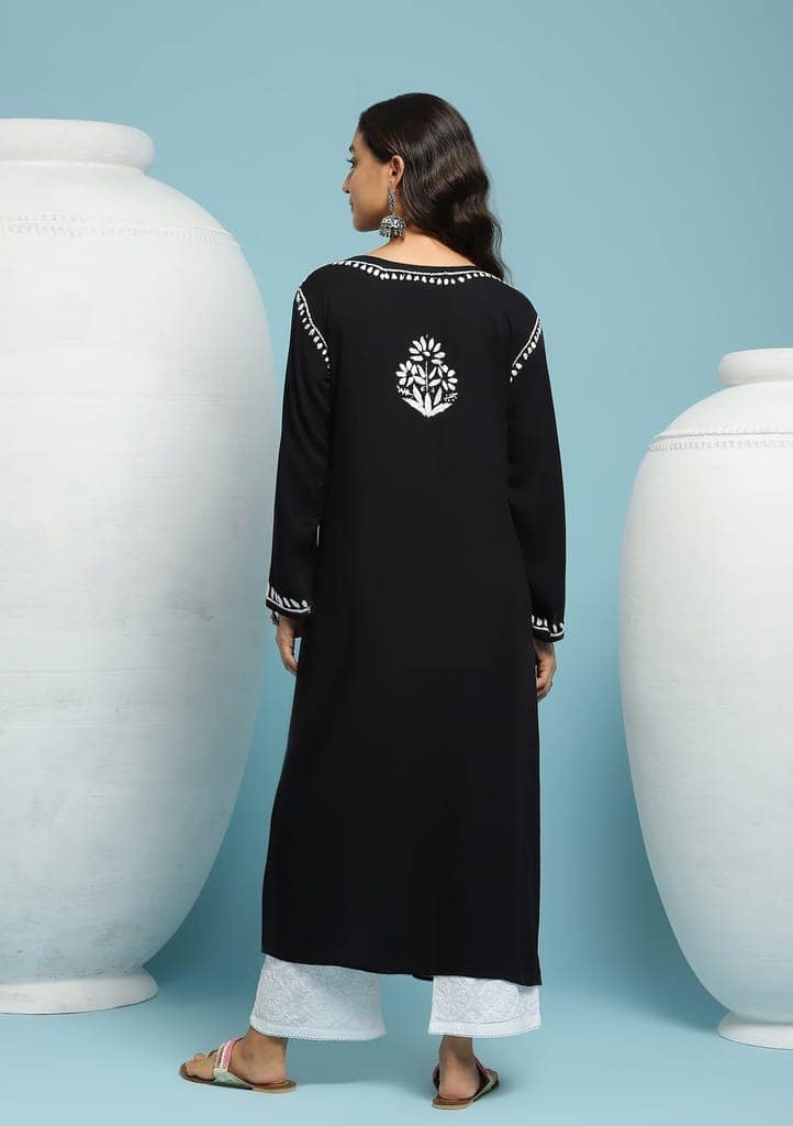Rayon Chikankari Solid Women's Long Kurta - Black view 7