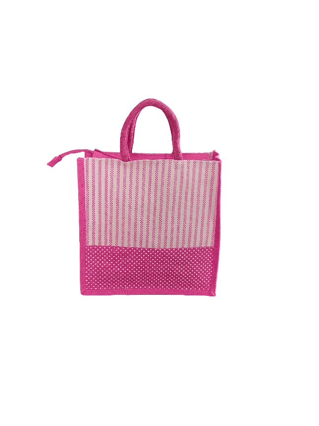 Pink Jute Bag with Stripes and Zipper - Eco-Friendly and Stylish