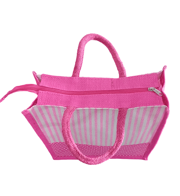 Pink Jute Bag with Stripes and Zipper - Eco-Friendly and Stylish view 3