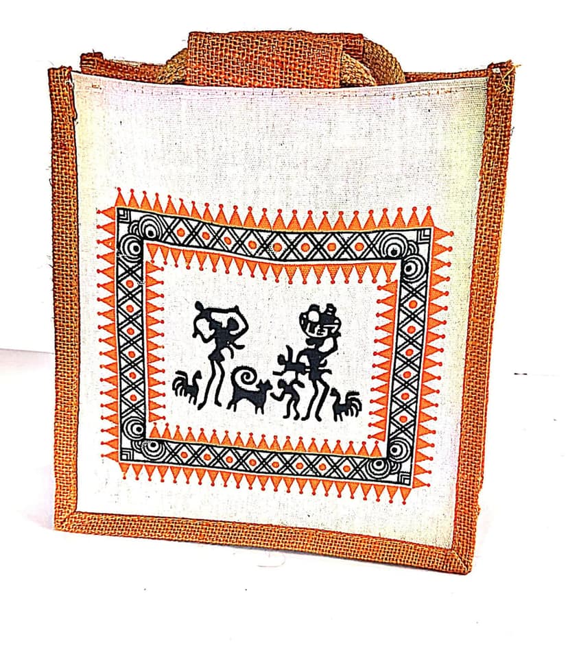 Handmade Jute Lunch Bag with Warli Painting