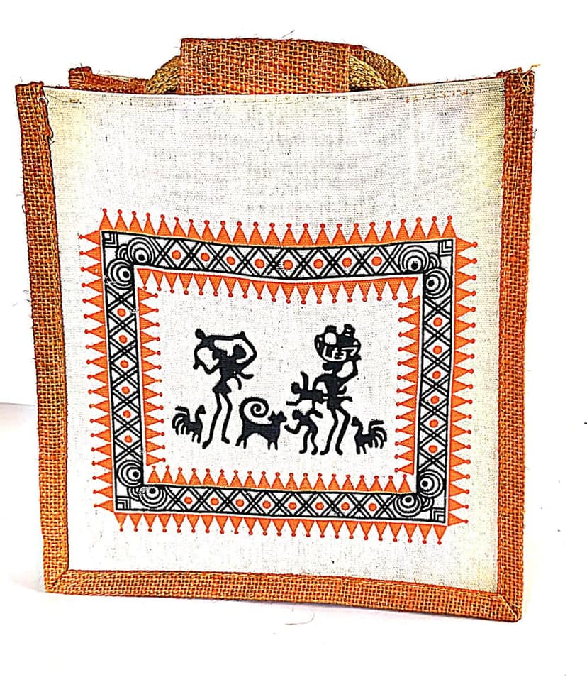 Handmade Jute Lunch Bag with Warli Painting view 3