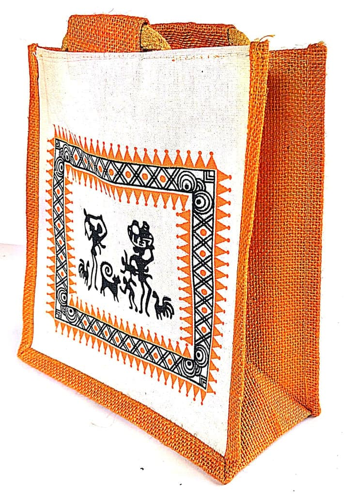 Handmade Jute Lunch Bag with Warli Painting view 4