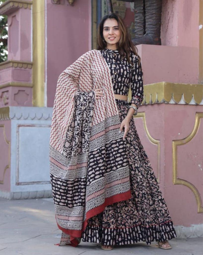 Handblock Printed Cotton Lehanga And Top With Mulmul Dupatta (Size 34-46) Black Color-8553