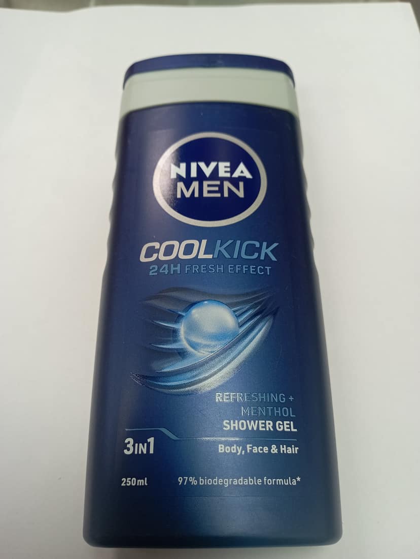 Nivea Men Coolkick 24h fresh effect Refreshing + Menthol Shower gel Body, face & hair 3in1 97% biodegradable formula* 250ml