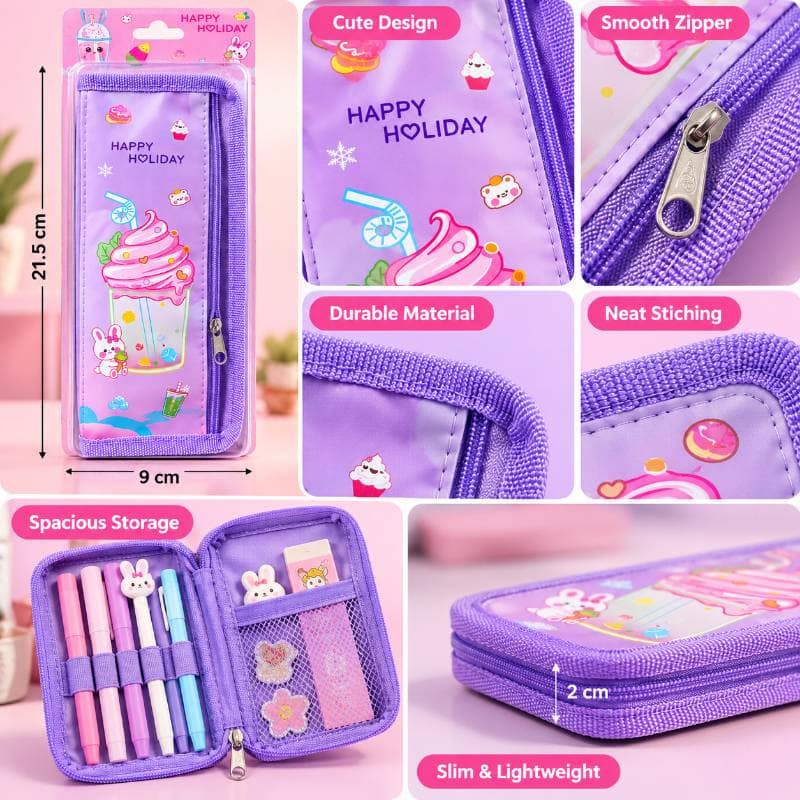Happy Holiday Kawaii Bunny Pencil Case (Purple, 21.5cm) | Organized Stationery Storage | School & Office Use view 2