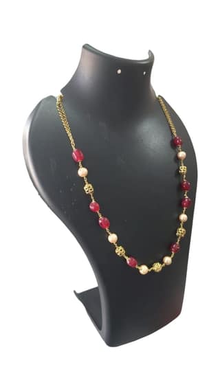 Pearl and Ruby Beaded Necklace with Gold Plated Beads