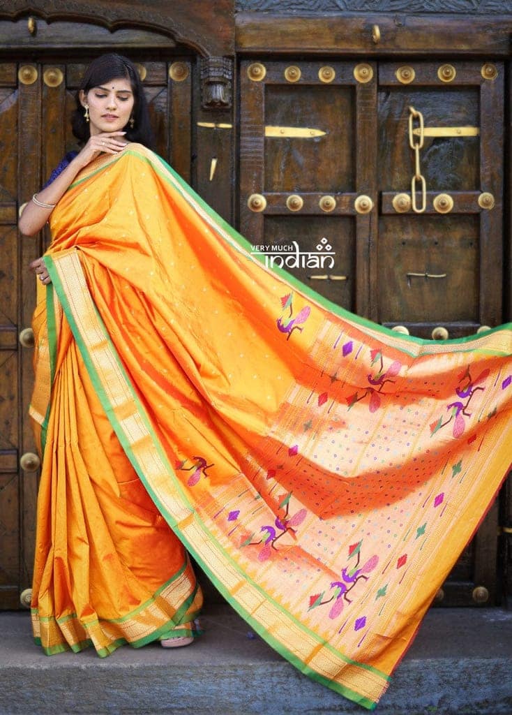 Unique Pure Silk Yeola Handloom Paithani - Grand Pallu with Detailed Weaving - Pretty Yellow with Bright Green Border