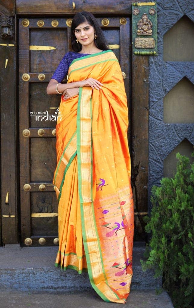 Unique Pure Silk Yeola Handloom Paithani - Grand Pallu with Detailed Weaving - Pretty Yellow with Bright Green Border view 2