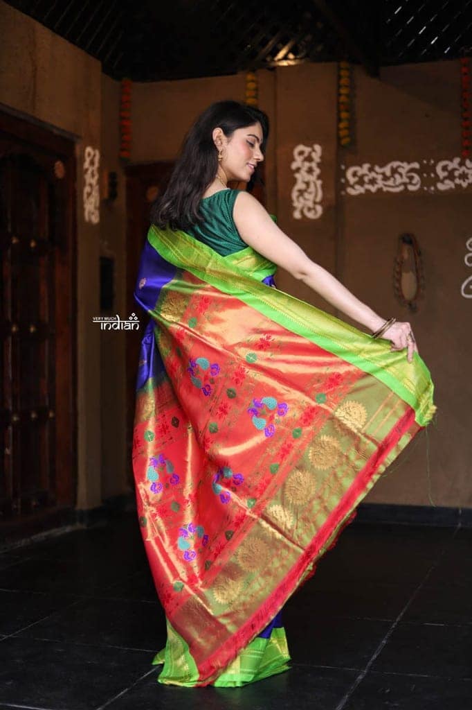 Utsaav ~ Pure Silk Handloom - Maharani Paithani in Royal Blue with Lime Green Border view 4