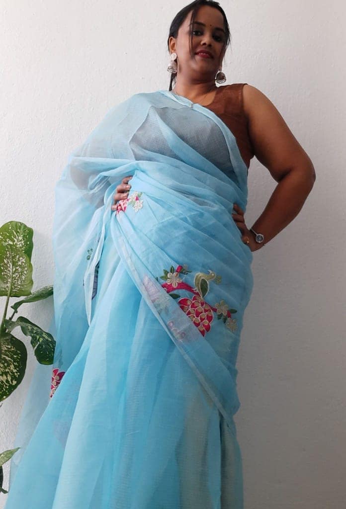 Cotton Kota Doria Saree Crystal Blue Color Embroidered with running blouse-4980 view 2