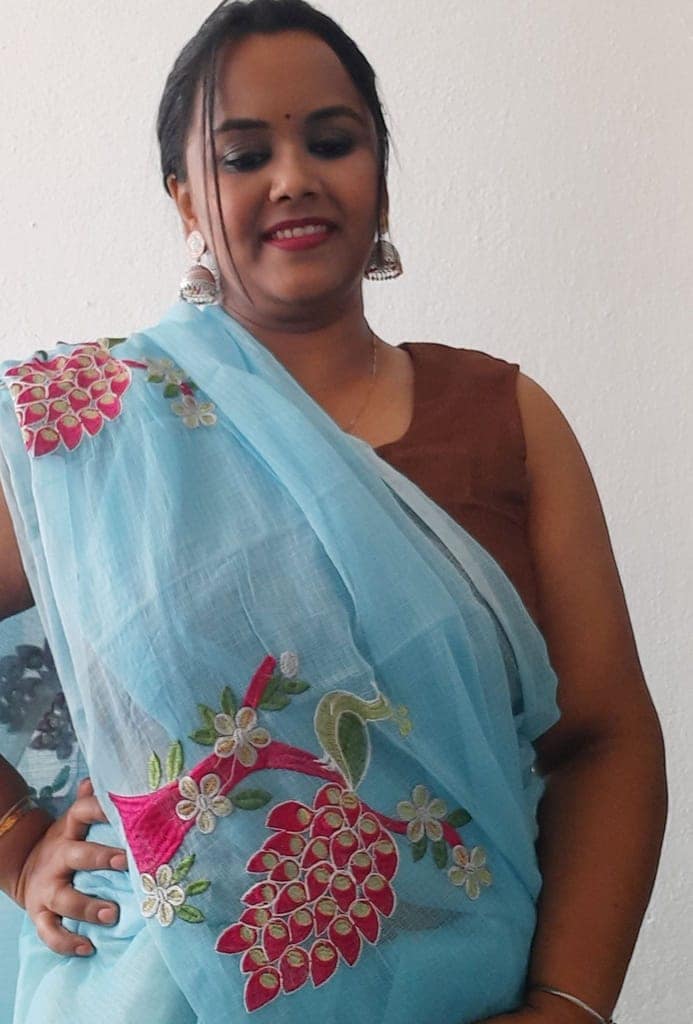 Cotton Kota Doria Saree Crystal Blue Color Embroidered with running blouse-4980 view 3