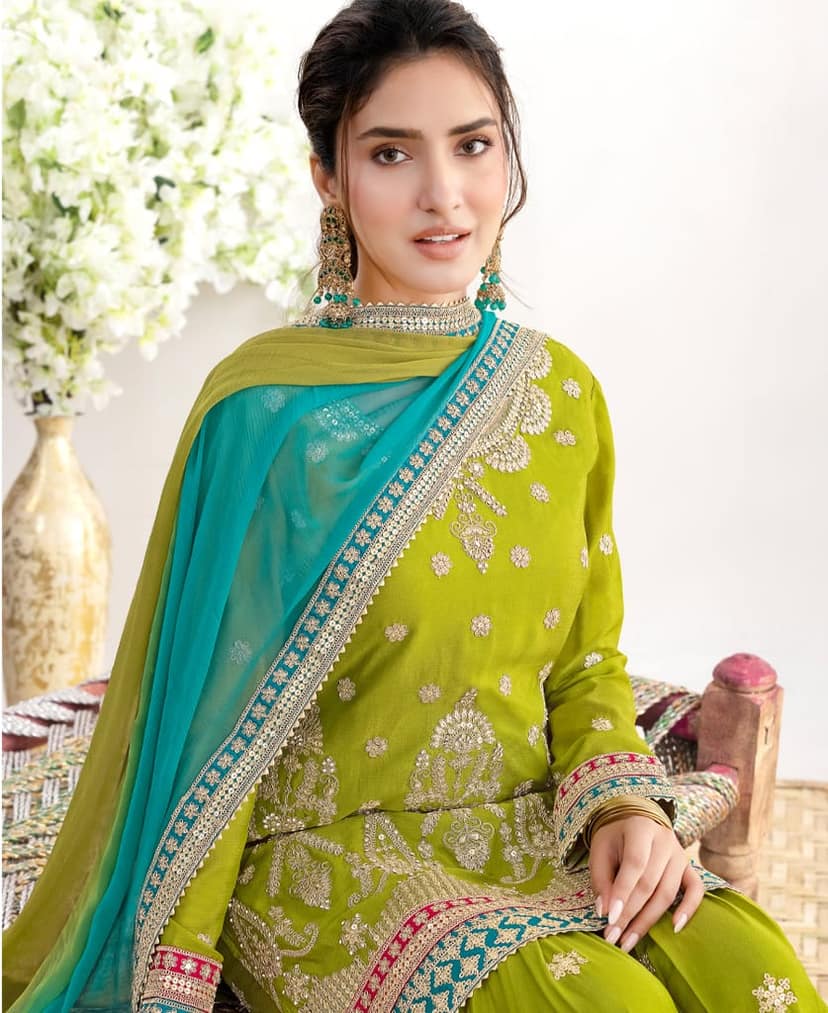 Trendy Green Chinon Sharara Suit for Women Festival Wear view 3