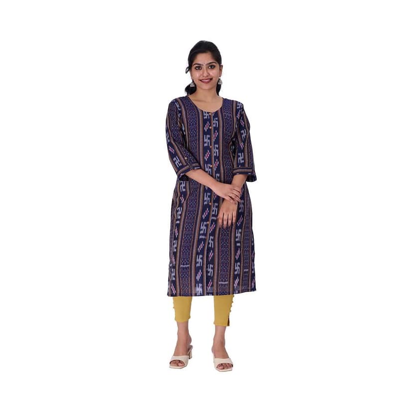 GHL GUENDICHA HAAT Sambalpuri Certified Handloom Women's Pure Cotton Round Neck Front Slit Kurta